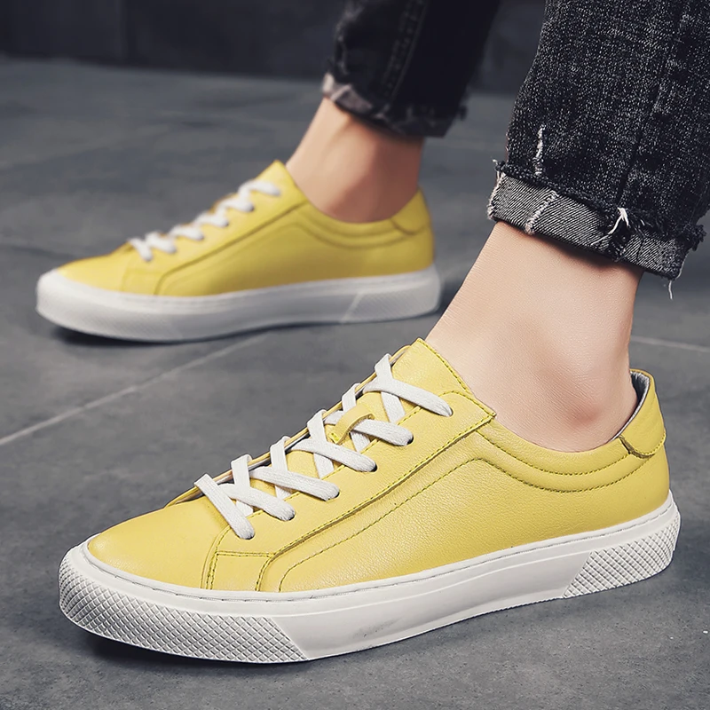 2022 New Men Shoes Leather Sneakers Walking Fashion Casual Footwear Lace-up Solid Male Comfortable Flats Yellow White Shoe | Обувь