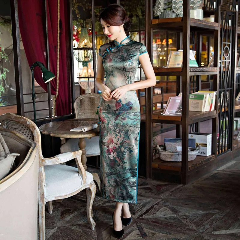 

Изысканный принт сексуальная облегающая куртка с длинным Cheongsam женский элегантный воротник стойка Новинка Qipao короткий рукав; Сетчатая тка...