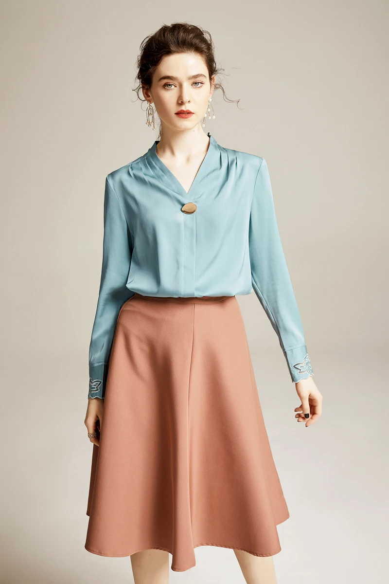 Женские шелковые рубашки сексуальные V образным вырезом с длинным рукавом