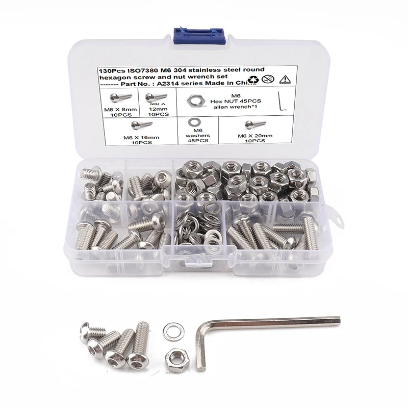 130pcs M6 Hex Button Head Screw Set Thread Metric Hexagon Socket Cap Bolt Nut Washer 304 Stainless Steel Assortment Kit | Инструменты