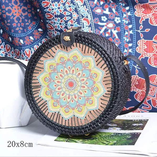 black F 20X8cm Солнечный пляж, ручные тканые сумки, круглая сумка с пряжкой, Ротанговые соломенные сумки, ранец, богемная пляжная круглая сумка - Цвет: black F 20X8cm