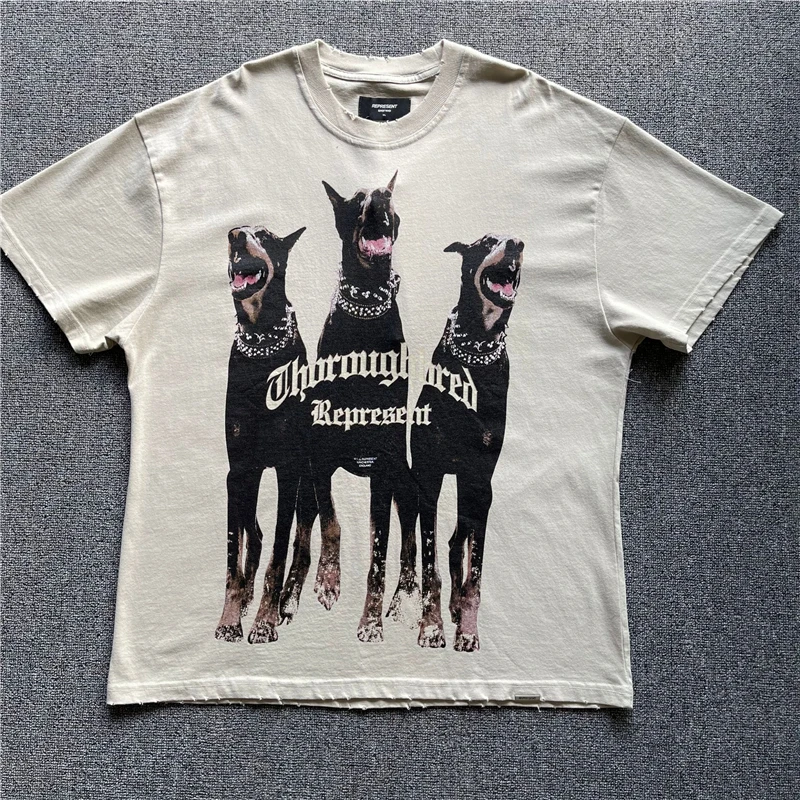 

Wash Represent T-shirt Men Women 1:1 High-Quality Vintage Hunter Graphic Represent THOROUGHBRED Tee Oversized