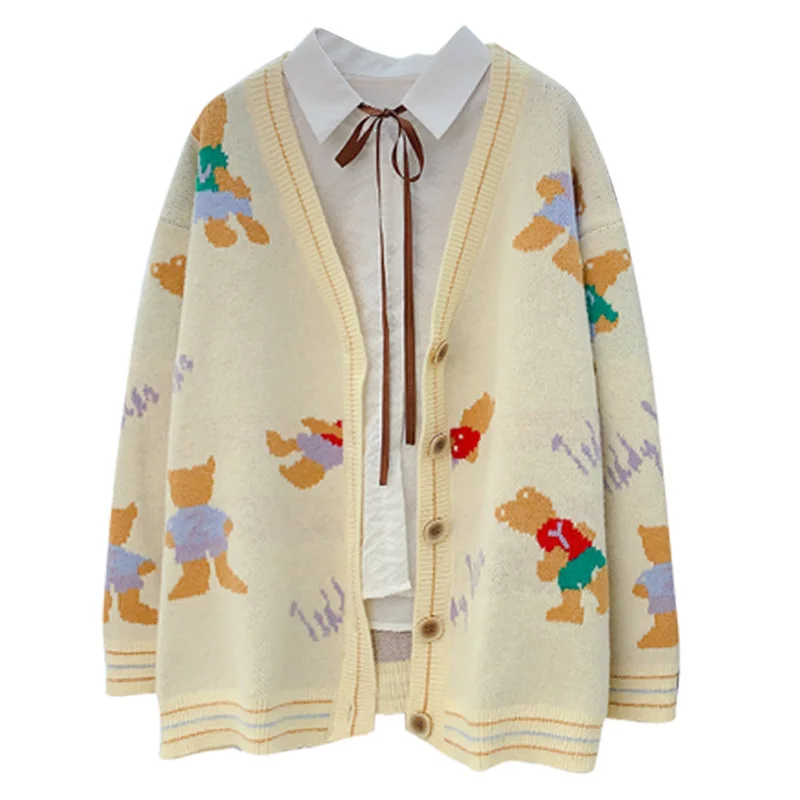 

H.SA 2021 Women Cute Sweater And Cardigans V Neck Cartoon Bear Embroidery Loose Kntting Cardigans Cute Korean BEAR Knit Jacket