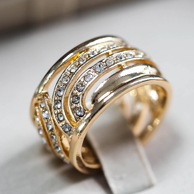 Уникальный Стиль большое Золотое кольцо на палец с кристаллами для вечерние