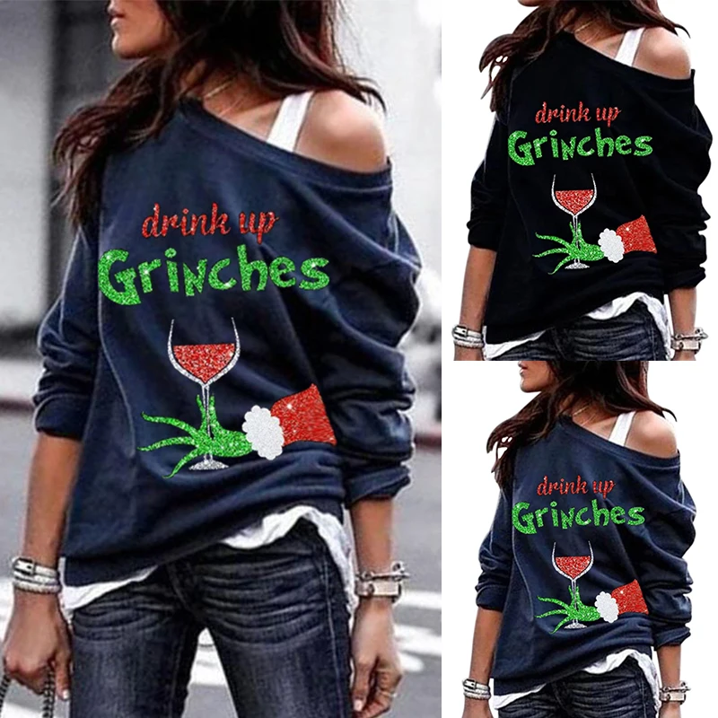 

Christmas Long Sleeve One-shouldered Sweatshirt Loose Fit Letter Printed Round Neck Women Sweatshirt Top J55