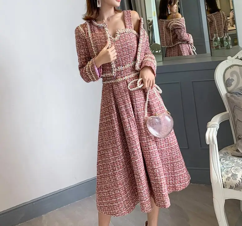 

Женский комплект из двух предметов, твидовый короткий пиджак и платье-жилет с бисером, элегантные модные вечерние платья, осенний комплект ...