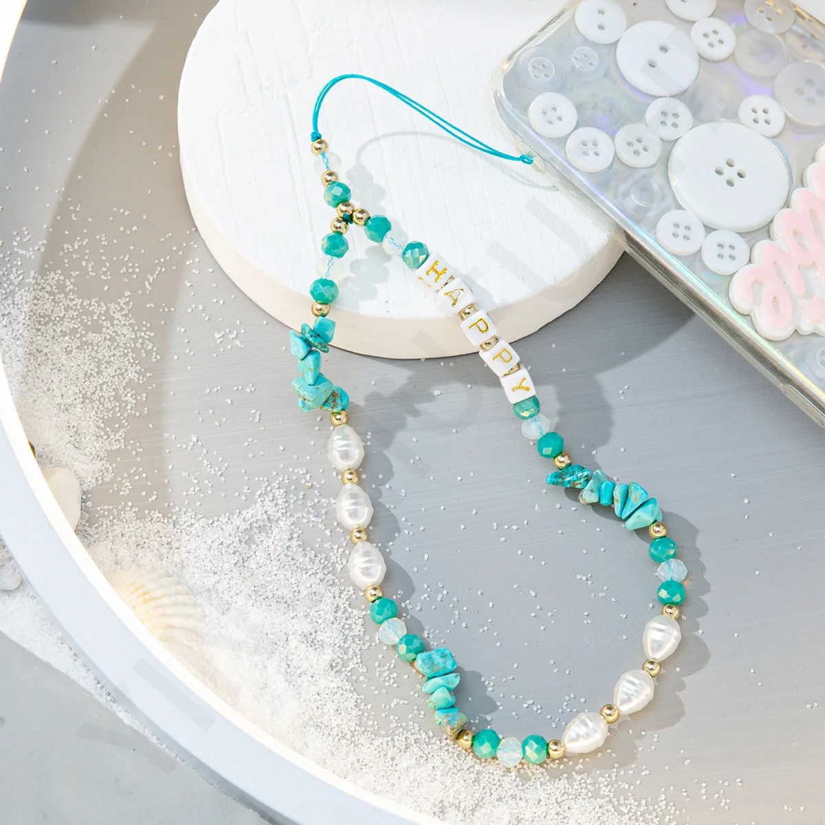 fashion new gravel pearl phone chain women creative happy letter beaded mobile phone case lanyard hanging cord jewelry girl gift free global shipping
