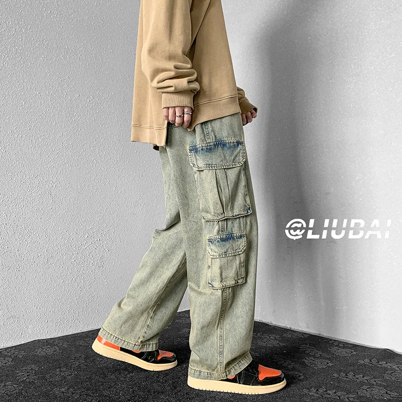 Baggy Wide-leg Jeans Men Fashion Multi-pocket Cargo Jeans Men Streetwear Loose Hip-hop Jeans Mens Straight Denim Pants Men M-2XL