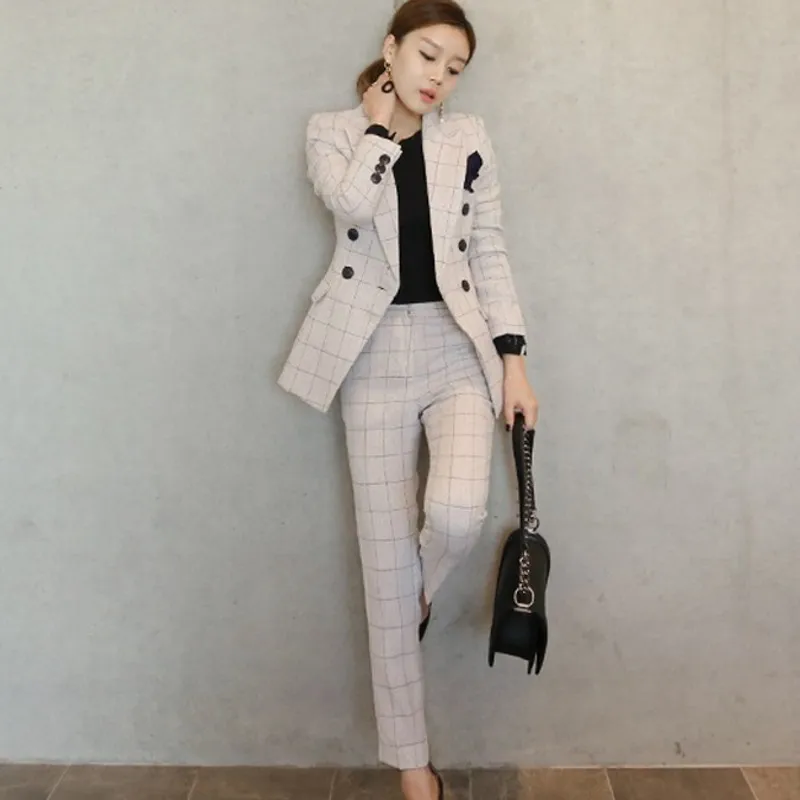 

Новый корейский деловой женский костюм в клетку с длинным рукавом Женская куртка + облегающие брюки офисная Рабочая одежда комплект из 2 пре...