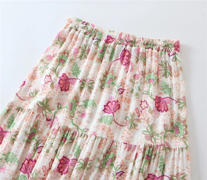 Vintage chic summer Hippie lace up floral print pleated Boho beach skirt rayon cotton Bohemian maxi skirts womens | Женская одежда