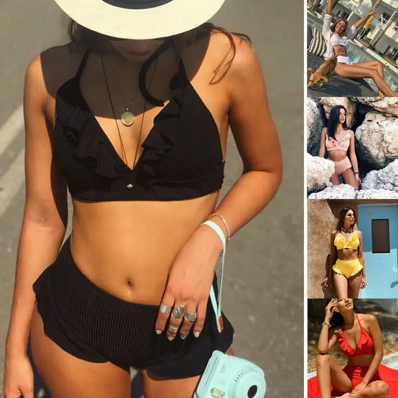 Женский однотонный вязаный купальник с чашками пуш-ап ремешком оборками и