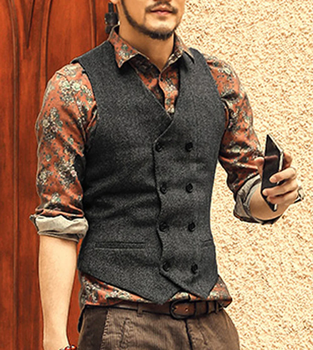 

Black Mens Double Breasted Tweed Waistcoat Formal Men Dress Suit Vest Formal Gilet Vest Slim Business Jacket Tops homme Spring