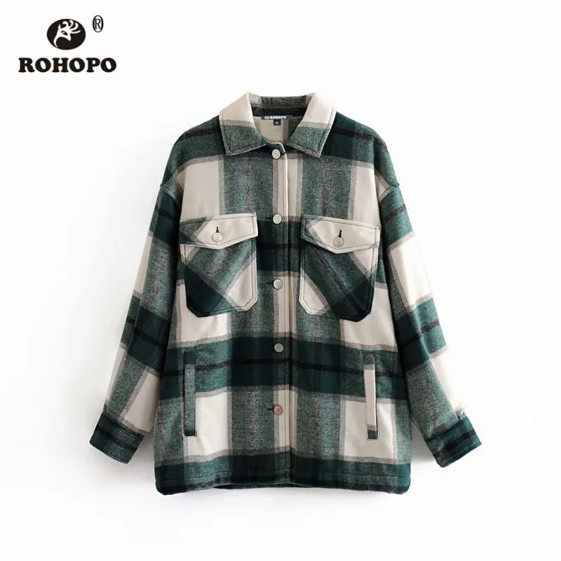 ROHOPO длинный рукав отложной воротник Шотландка большие пуговицы карманы толщина