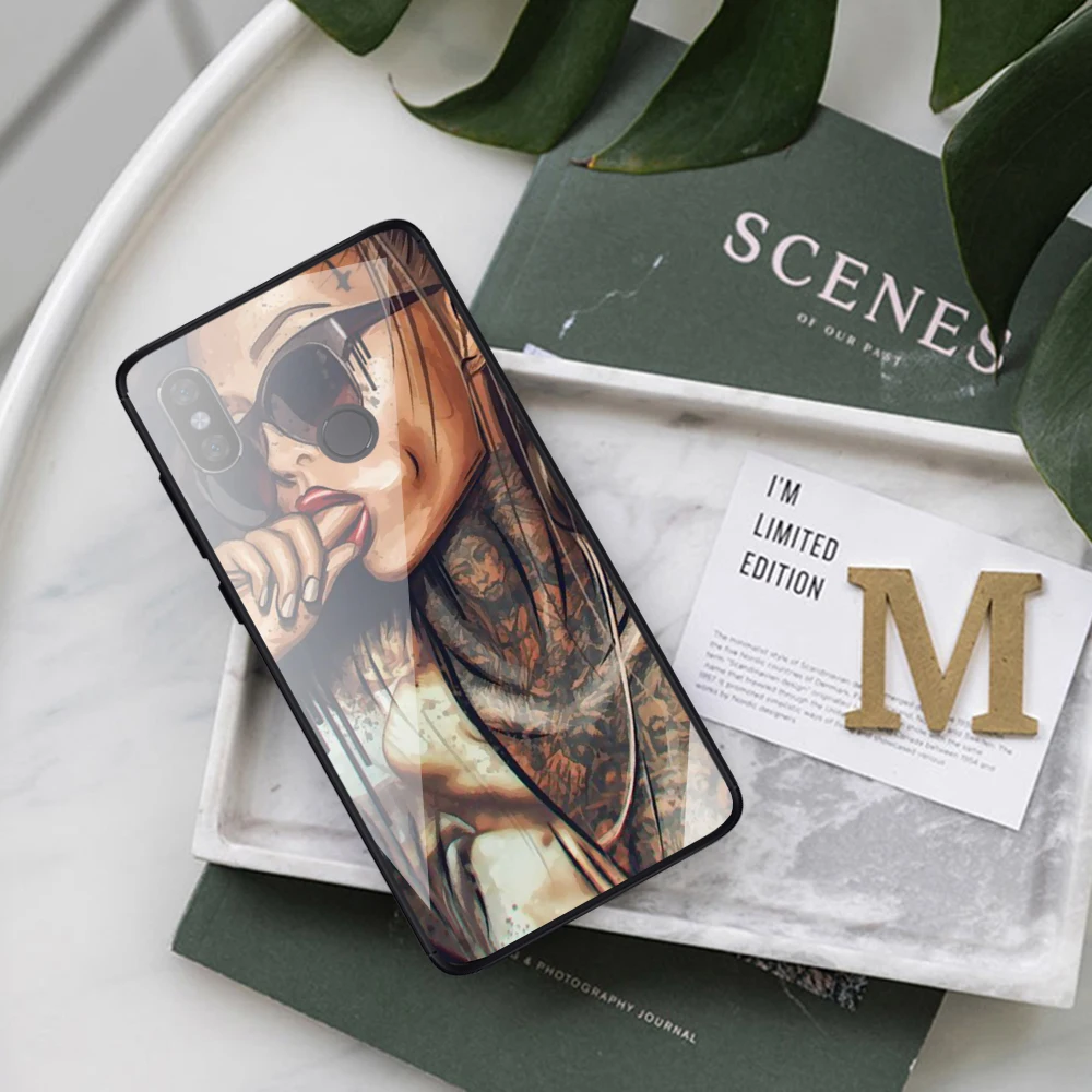 96W Sleeve Tattoo Girl Glass Case for Xiaomi 8 Lite 9 A1 A2 5X 6X F1 Redmi 4X 6A Note 5 6 7 Pro |