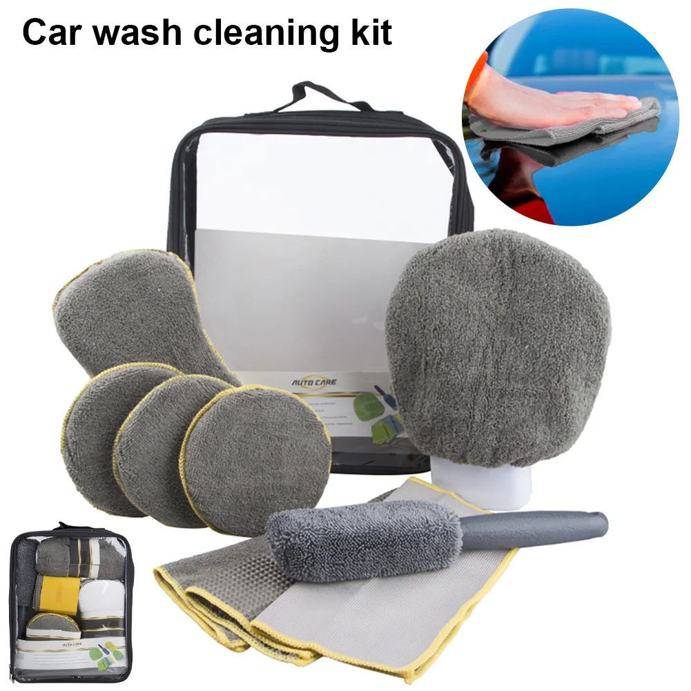 

9Pcs Car Wash Brush Cleaning Tool Microfiber Car Wash Kit Super Absorbent Car Detailing Wheel Brushes Wax Pad Sponge Block Towel