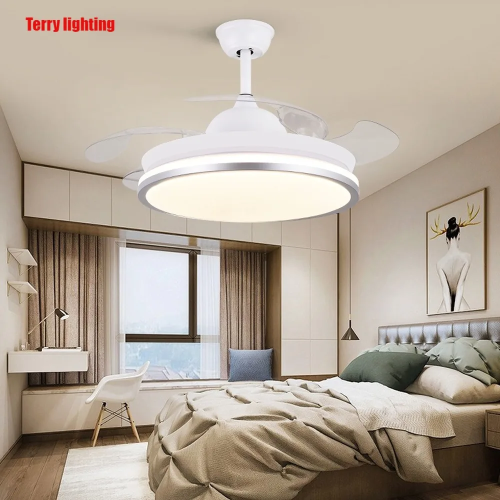 

Led ceiling fan lamp with remote control circular DC frequency lamp for bedroom decoration, retractable and reversible