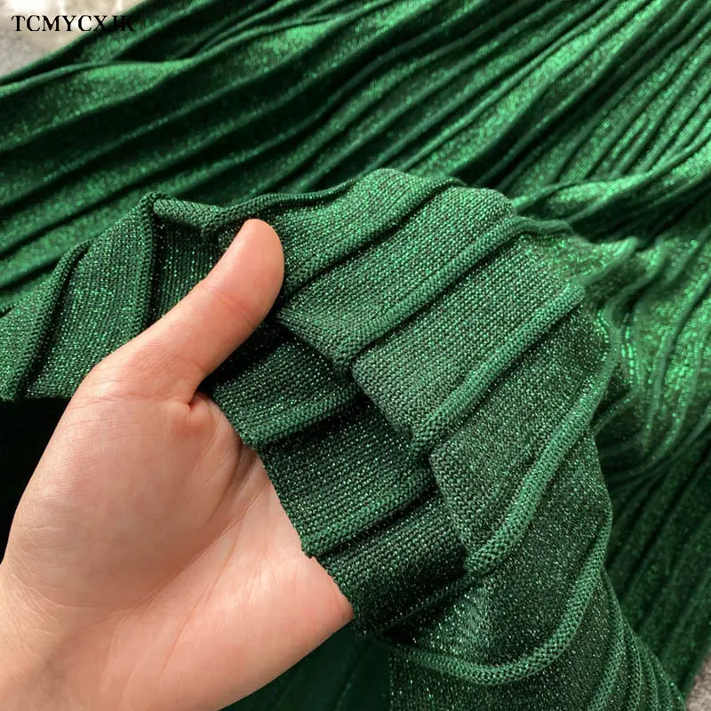 

2021 Spring Knitted Two Piece Set Women Dress Korean Sexy Cross V-neck Crop Top+Elastic High Waist Pleated Women's Skirt Suit