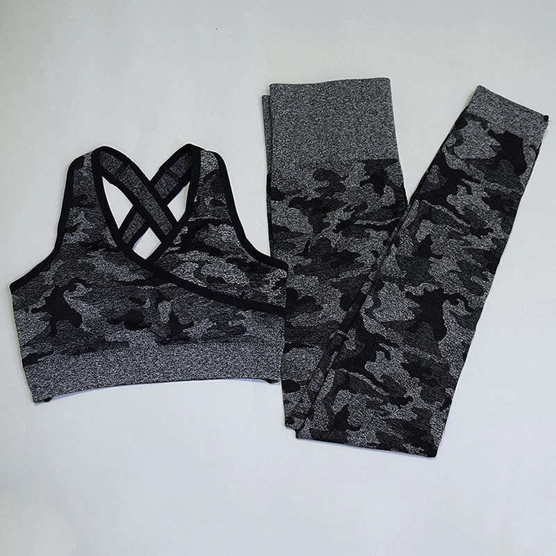Sportwear056-Set-GRA Камуфляжный бесшовный комплект для йоги, женские штаны для йоги, бюстгальтер, спортивная одежда, одежда для фитнеса, гимнастики, высокая эластичность, для тренировок, бега, XL, спортивный костюм с акулой - Цвет: Sportwear056-Set-GRA