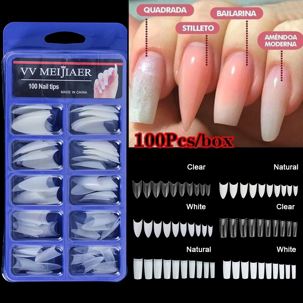 100 шт. накладные ногти прозрачные/белые/натуральные острые французские