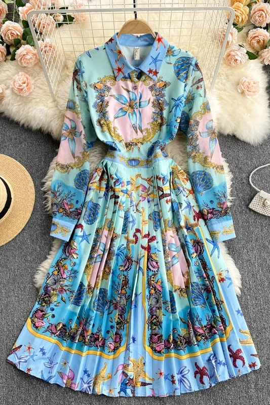 

2021 early spring new long-sleeved shirt female design sense niche printing heavy industry pleated celebrity dress
