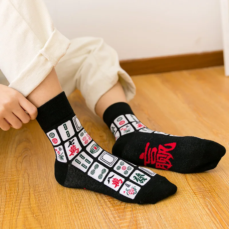 

Happy New Year Unisex Cotton Socks Chinese Elements Mahjong Win Character Funny Funky Nolvety Gift Hip Hop Streewear Sox
