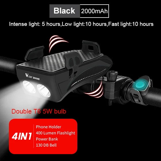 2000 mAh Black WEST BIKING 4 в 1 велосипедный светильник вспышки светильник велосипед Рог сигнализации колокол держатель телефона Мощность банка для велосипеда, аксессуары для езды на велосипеде, спереди светильник - Цвет: 2000 mAh Black