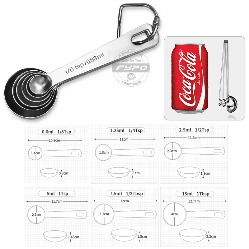 Fypo 6 Pieces Set Backing Tools Stainless Steel Measuring Spoons Kitchen Scale Sugar Coffee Measure Cups Scoops | Дом и сад