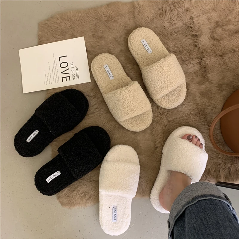 

2021 new warm wool shoes slippers female net red same style lamb hair tow outside flat-bottomed flat-bottomed slippers