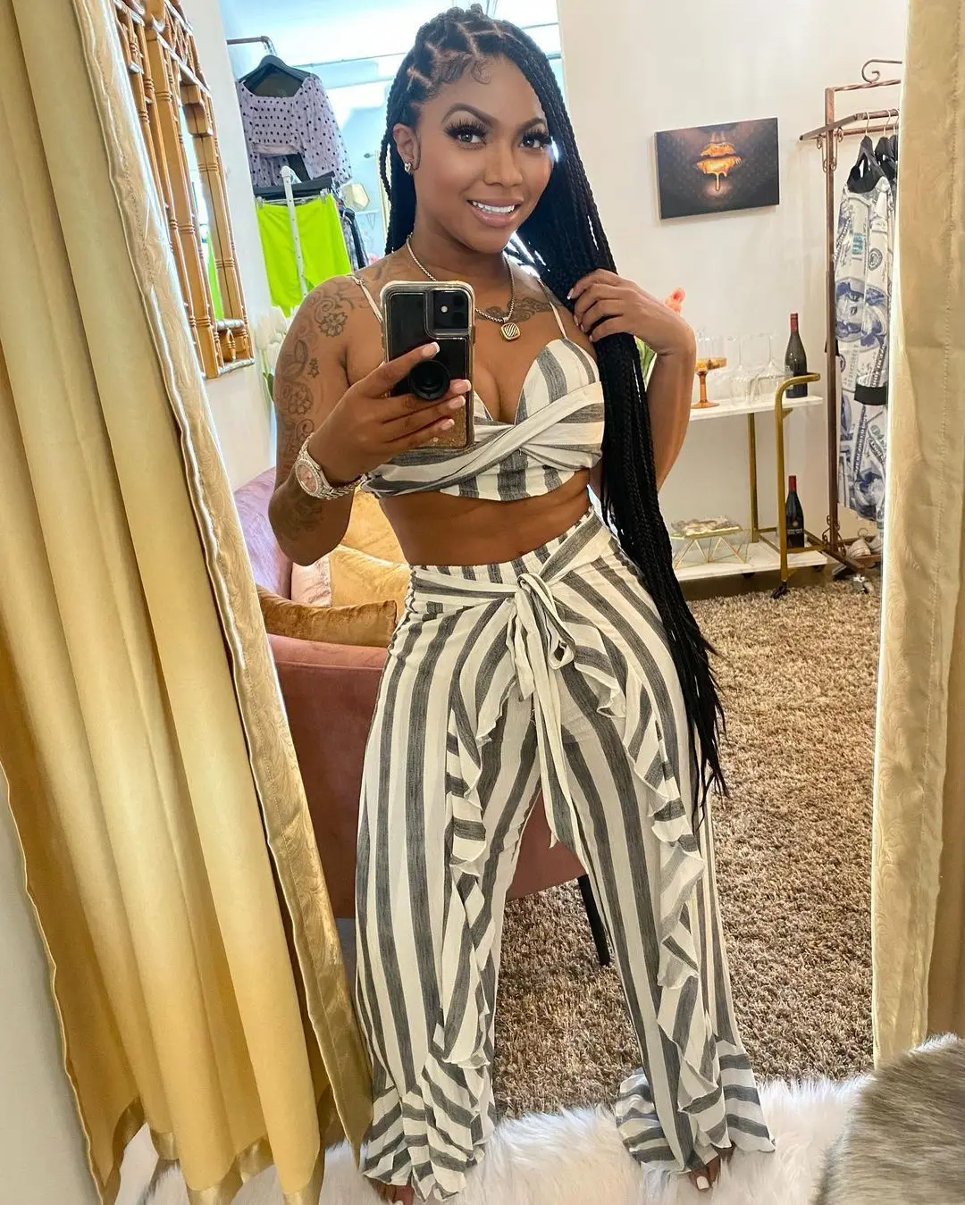 

Summer Fashion Two Piece Set Women Striped Print Camisole Ruffled Wide-leg Pants Suit Women Plus Size Two Piece Suit