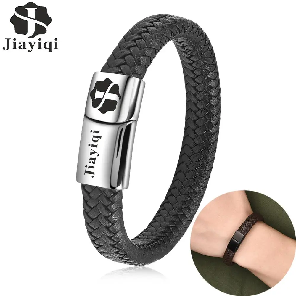 

Jiayiqi Personalized Men's Bracelet Customize Name Logo Image Stainless Steel Magnetic Clasp Braided Leather Bangle Punk Jewelry