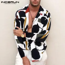 INCERUN, модная мужская рубашка с принтом, воротник с лацканами, уличная одежда, длинный рукав, дышащая Гавайская Повседневная рубашка, Мужская шикарная рубашка, S-5XL