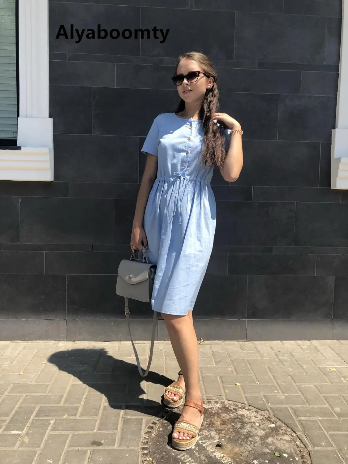 Летнее легкое женское платье,мягкое простое повседневное платье,натуральное хлопково льняное платье на лето,голубого и молочного цвета,с коротким рукавом и завязчиками