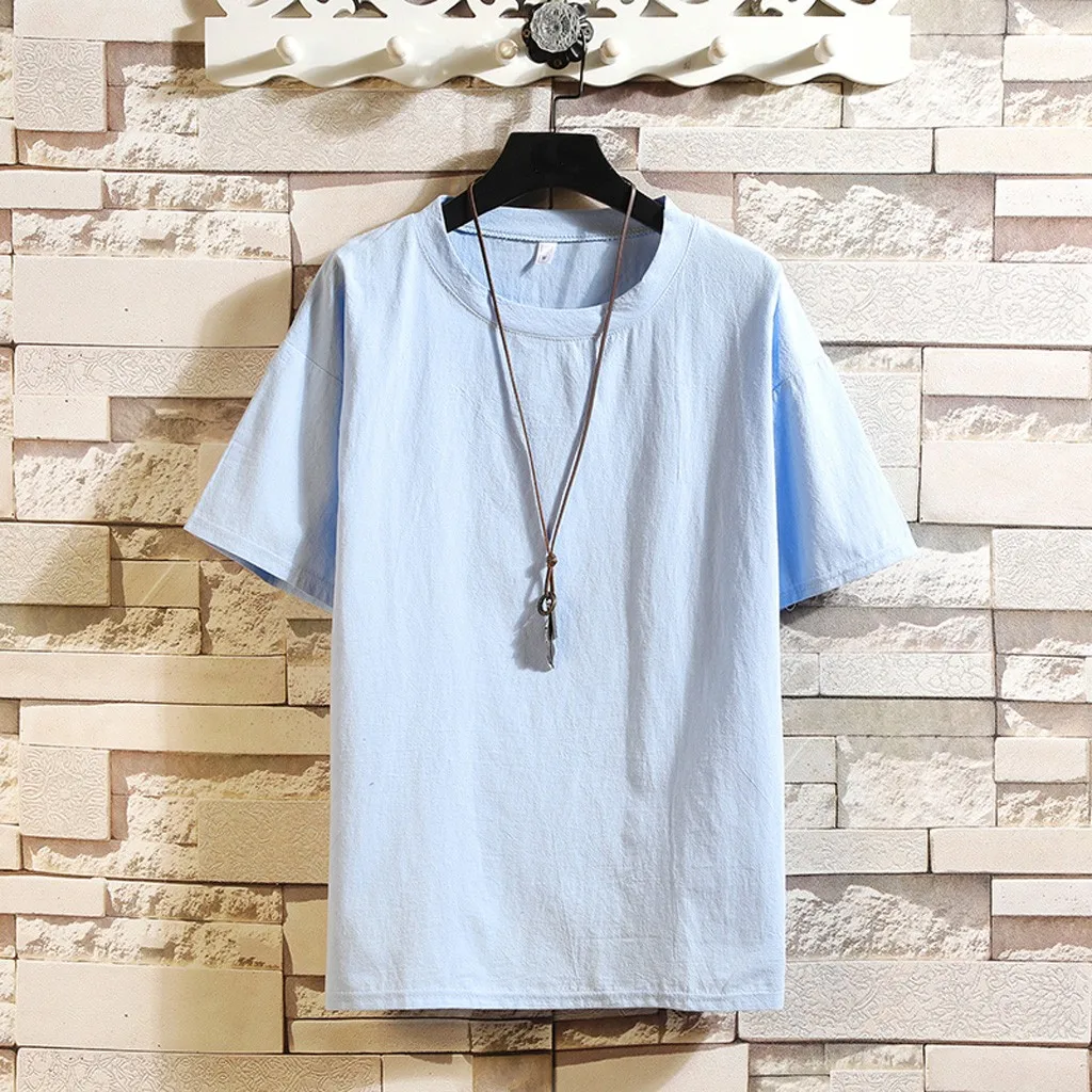 Мужская Повседневная Свободная футболка из чистого хлопка и льна с коротким