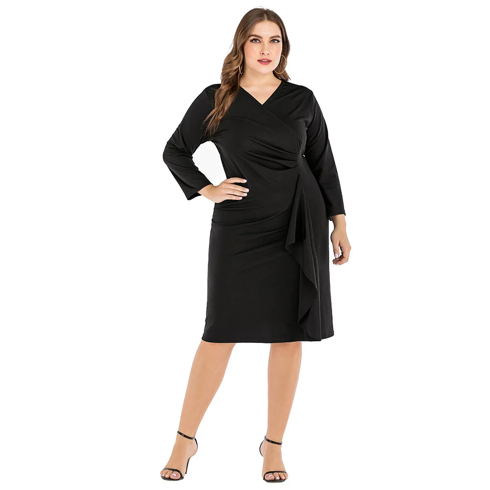 

XL To 5XL Plus Size Dress Women Clothes Spring Autumn V-neck Solid Ruffles Long Sleeve Sheath Party Dresses T5027