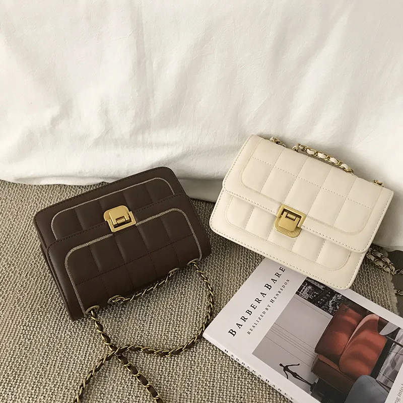 

Women's Bag 2021 Spring New Trendy Checkered Embroidery Thread Small Square Bag Chain Wild One-shoulder Messenger Bag
