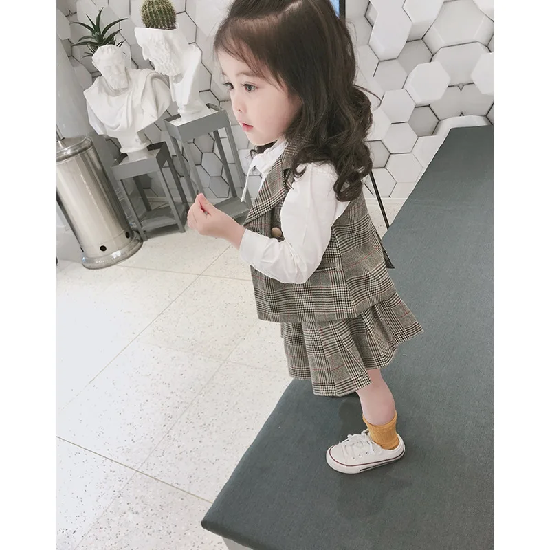 Одежда для детей комплект девочек детский Блейзер жилет + клетчатые юбки детская