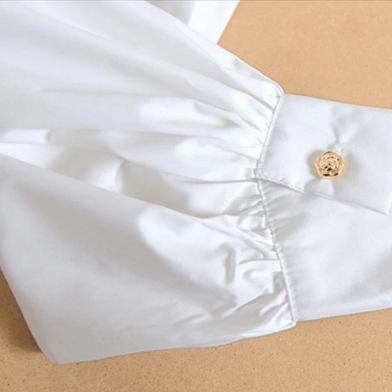 

Q1FA Women Puff Long Sleeve Half Top Blouse Ruffled Golden Button Detachable False Fake Collar Sweater Decorative Accessories