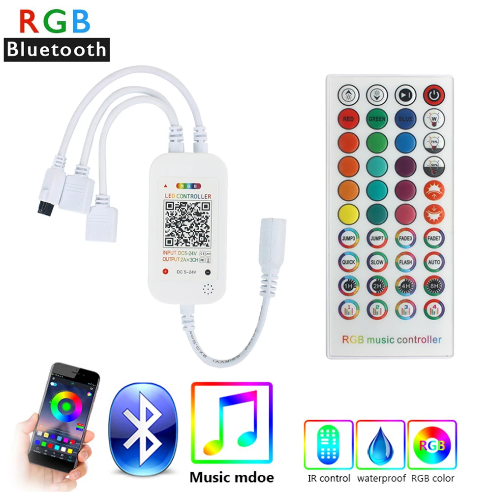 

Bluetooth Music RGB led Controller Dual Signal Sound Sensor with IR 40key For 5050 3528 LED RGB Strip Light IOS/Android DC5V-24V