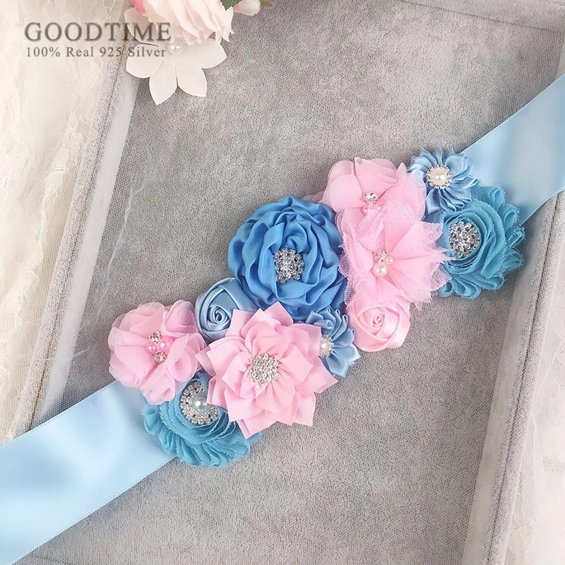 Fashion Bridal Belt Pearl Fabric Flower Wedding Accessories Blue Ribbon Women Party Dress Girdle Photography Props | Свадьбы и