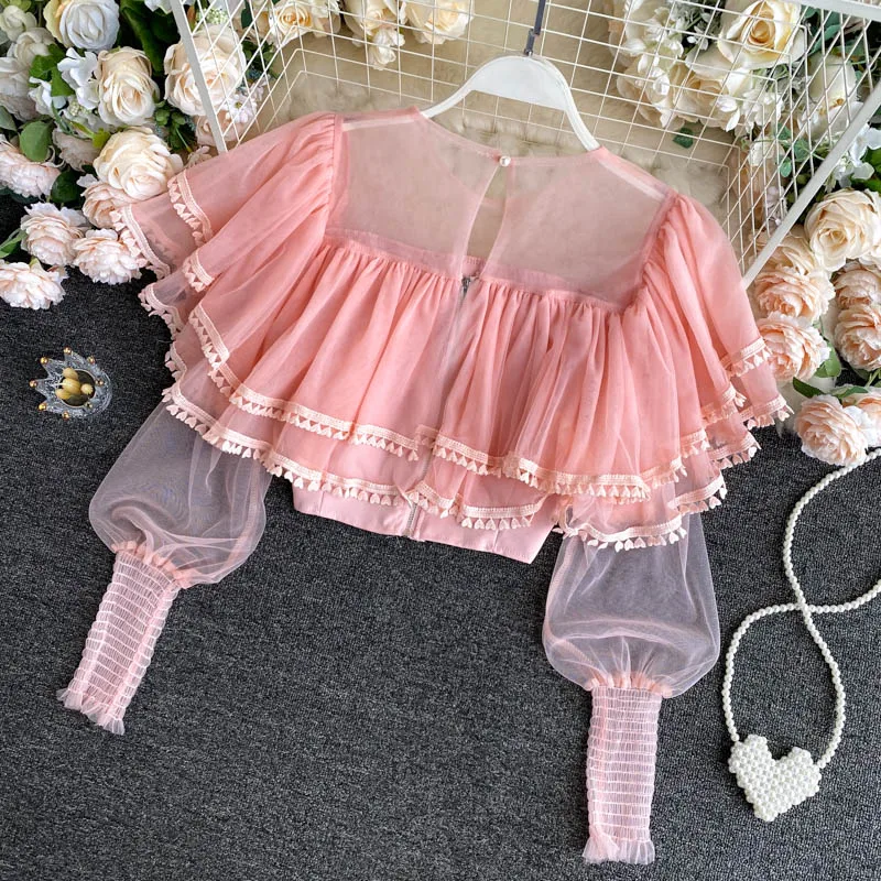 Новинка 2020 Женская шикарная милая блузка с рюшами короткий дизайн пышными