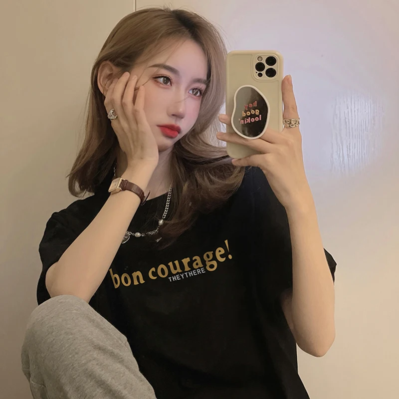 

YTX758 2021 new summer loose letter printing mid-length literary small fresh short-sleeved T-shirt