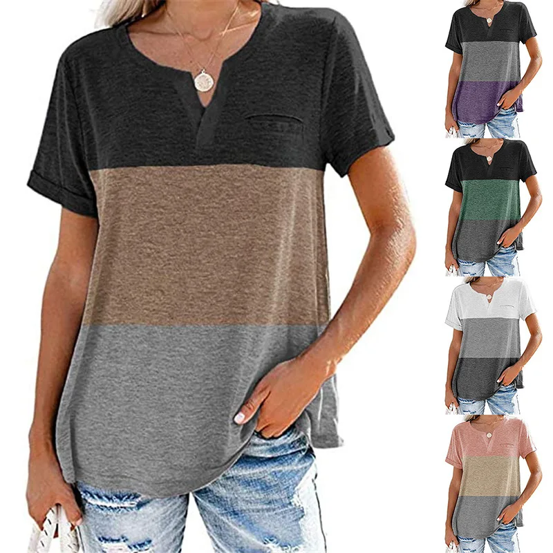 

3XL Ladies Tops Women Plus Size Patchwork T Shirt Loose V-Neck Short Sleeve Casual Tee Top Summer New Streetwear