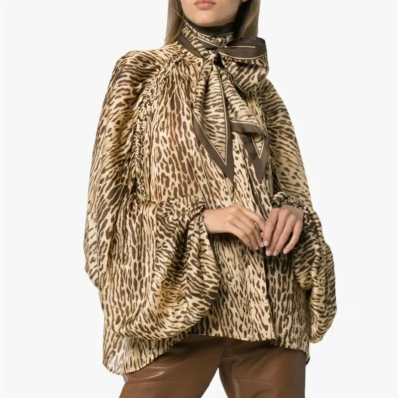 Леопардовый галстук бабочка водолазки рукав фонарик длинный Офисная Женская