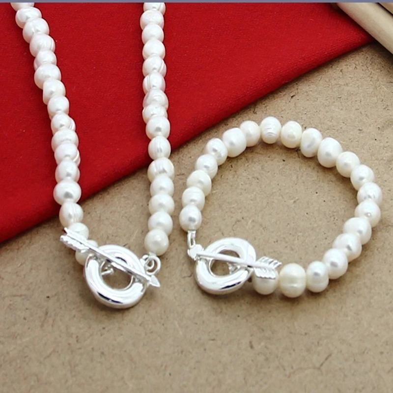 Женский комплект из ожерелья и браслета серебра 925 пробы с натуральным