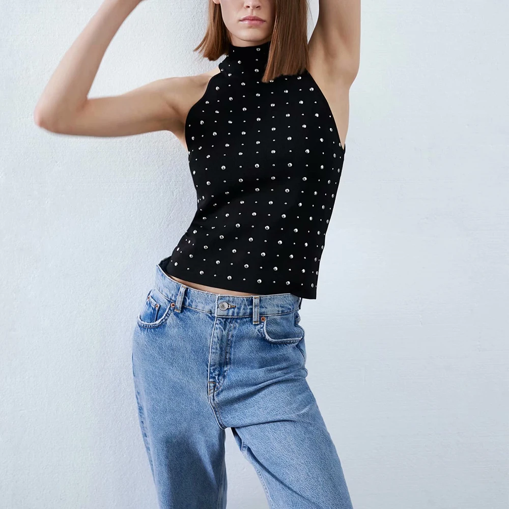 Женский трикотажный свитер ZA черный свободный без рукавов с металлическими