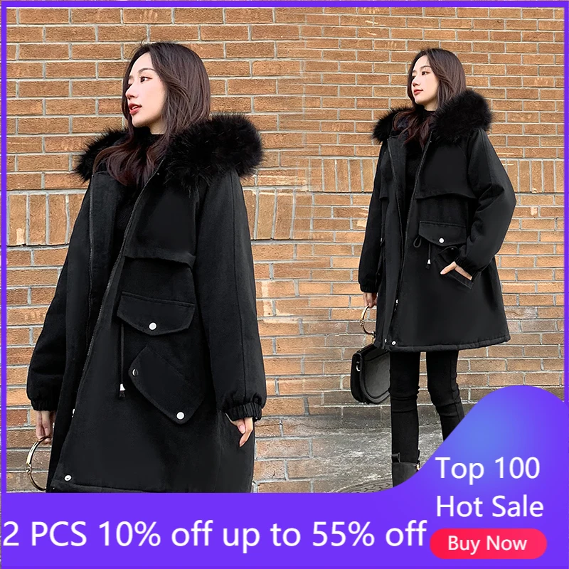 

Пуховик женский зимний свободный с толстым меховым воротником, теплая верхняя одежда, пальто, женские повседневные Длинные парки T6630 #