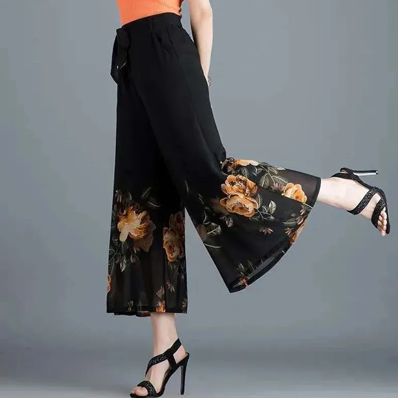 

Шифоновые пляжные брюки в богемном стиле, популярные штаны с завышенной талией, брюки до щиколотки, с широким принтом, большие размеры, на ле...