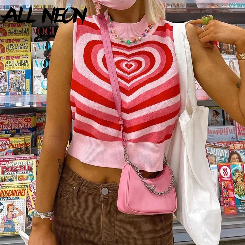 

ALLNeon Y2K Aesthetics Heart Print Knitted Sweater Vests Summer 2000s Streetwear Turtleneck Striped Pink Crop Tops Sleeveless
