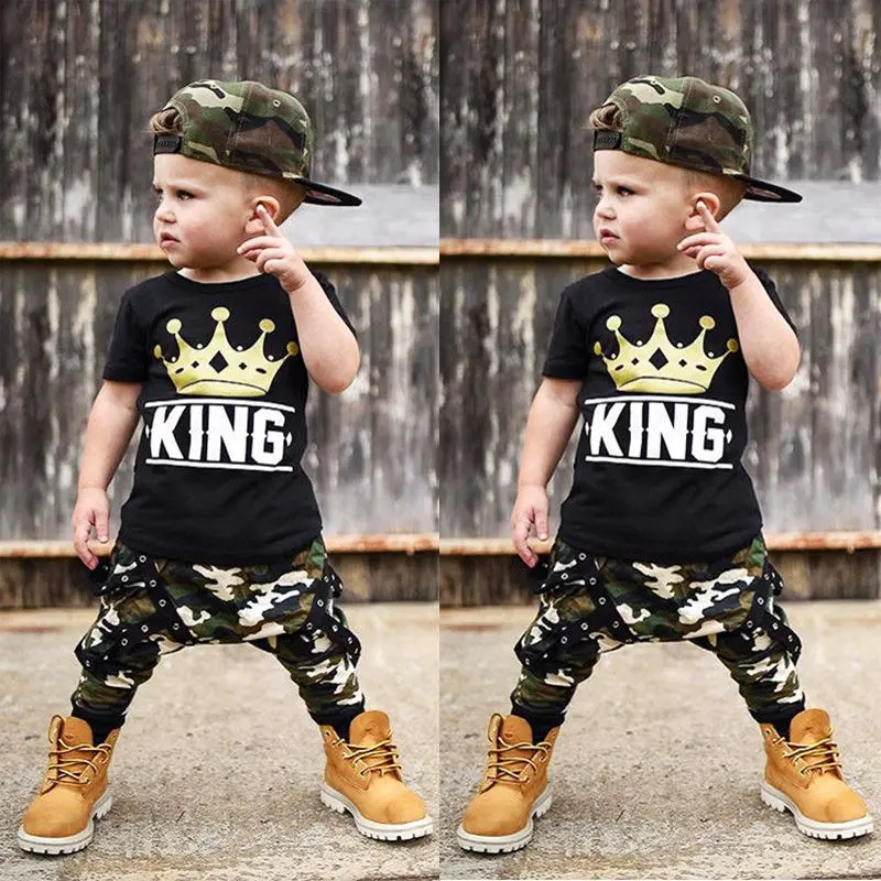 Kids clothes boy suit 2021 summer short-sleeved black T-shirt top casual camouflage pants boy suit 1-6 years old