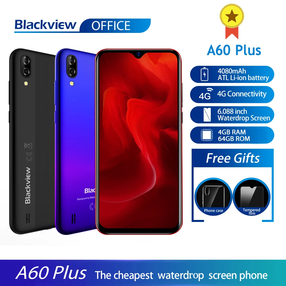 Blackview A60 Plus смартфон 4 ядра Android 10 4080 мАч мобильный телефон Гб + 64 ГБ в виде